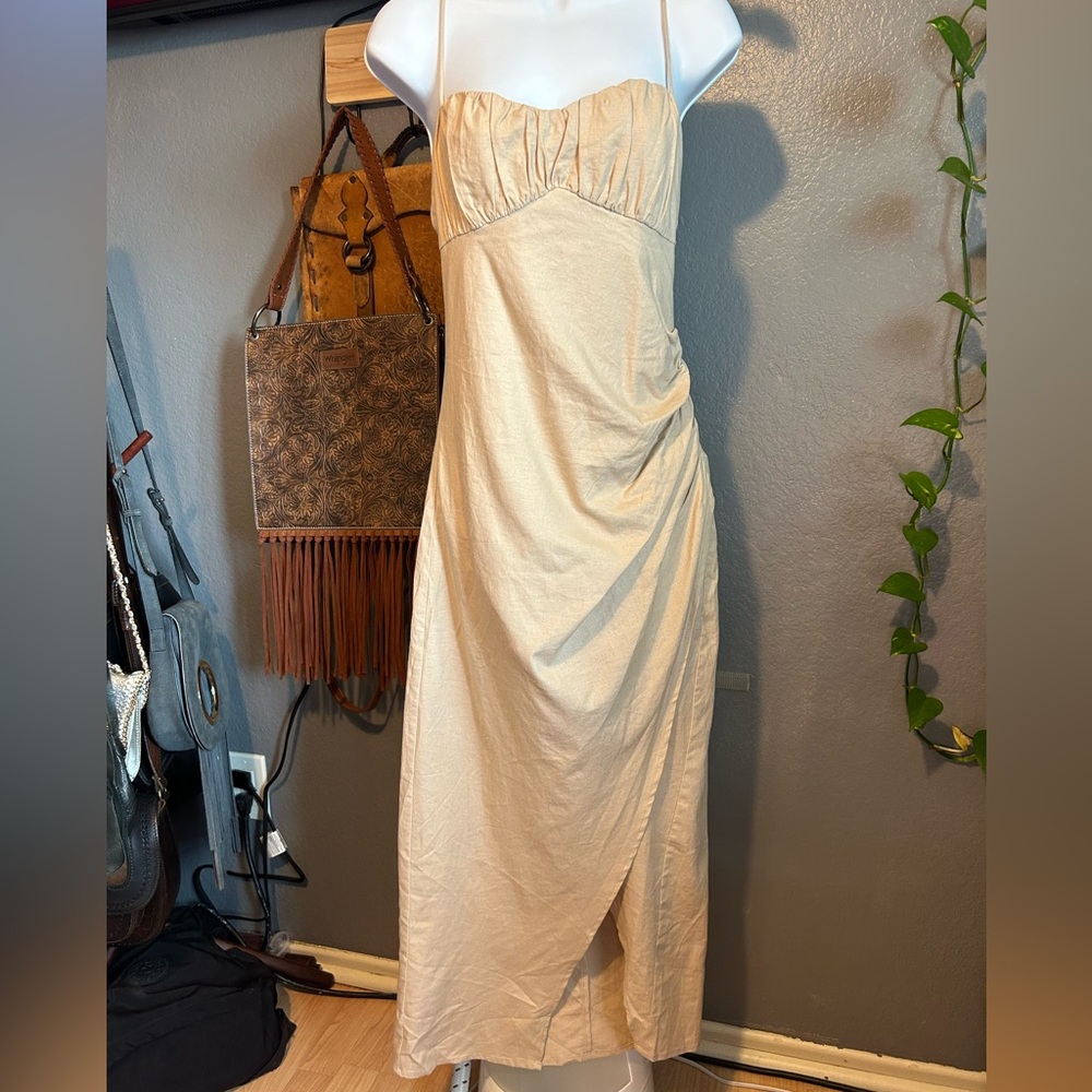 Zara Linen Cream Asymmetrical Ruched Halter Gown Size Large - Picture 2 of 11